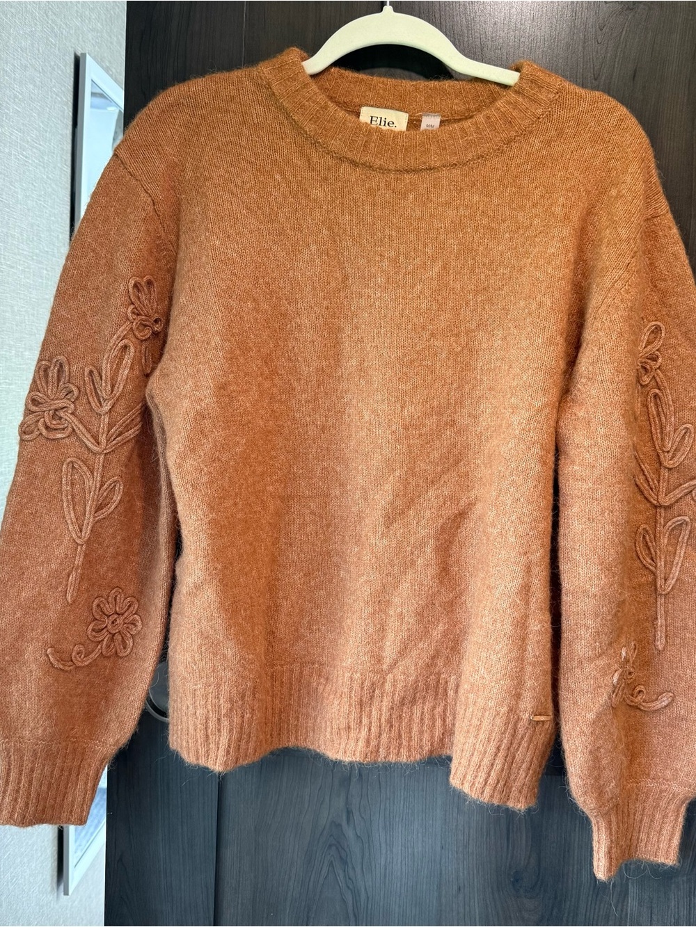 Elie Cozy Rust Embroidered Balloon-Sleeve Sweater